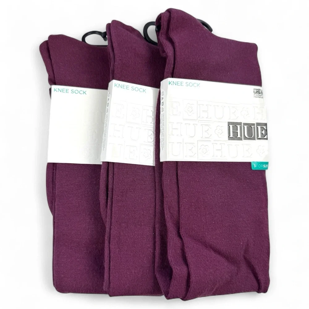 Hue Womens Napa Burgundy Flat Knit Knee Socks One Size‎ Fits Most 3 Pairs